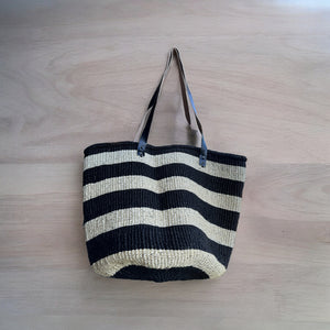 Black and White Stripes Mifuko Kiondo Kenya Beach Bag, Shopping Bag, Picnic Bag, Storage, Floor Basket, Home Decor Diameter: 17" x  Height: 13" With Straps: 25"