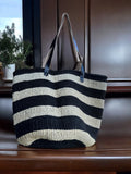 Black and White Stripes Mifuko Kiondo Kenya Beach Bag, Shopping Bag, Picnic Bag, Storage, Floor Basket, Home Decor Diameter: 17" x  Height: 13" With Straps: 25"