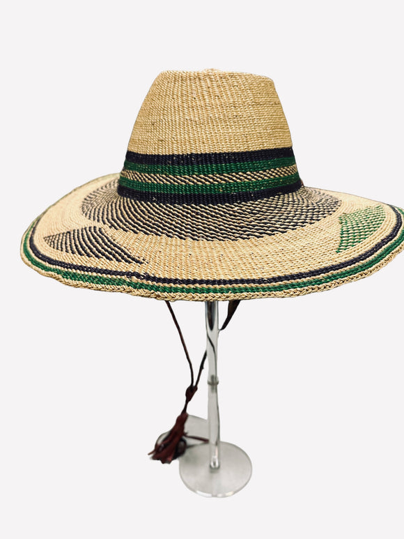 Ghanaian Straw Hats With Wide Brim Band & Leather -  Green and Tan. Size:22-25