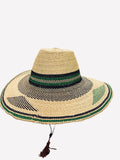 Ghanaian Straw Hats With Wide Brim Band & Leather -  Green and Tan. Size:22-25" Cap.