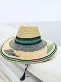 Ghanaian Straw Hats With Wide Brim Band & Leather -  Green and Tan. Size:22-25" Cap.