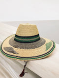 Ghanaian Straw Hats With Wide Brim Band & Leather -  Green and Tan. Size:22-25" Cap.