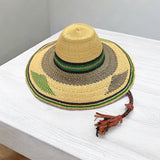 Ghanaian Straw Hats With Wide Brim Band & Leather -  Green and Tan. Size:22-25" Cap.