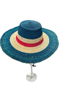 Ghanaian Straw Hats With Wide Brim Band & Leather -  Brilliant Blue - Size:22-25" Cap.