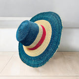 Ghanaian Straw Hats With Wide Brim Band & Leather -  Brilliant Blue - Size:22-25" Cap.