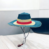 Ghanaian Straw Hats With Wide Brim Band & Leather -  Brilliant Blue - Size:22-25" Cap.