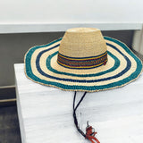 Ghanaian Straw Hats With Wide Brim Band & Leather -  Green and Tan Stripes . Size:22-25" Cap.