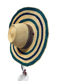 Ghanaian Straw Hats With Wide Brim Band & Leather -  Green and Tan Stripes . Size:22-25" Cap.