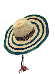 Ghanaian Straw Hats With Wide Brim Band & Leather -  Green and Tan Stripes . Size:22-25" Cap.