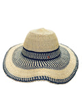 Ghanaian Straw Hats With Wide Brim Band & Leather -  Navy Blue and Tan  Size:22-25" Cap.