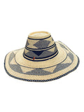 Ghanaian Straw Hats With Wide Brim Band & Leather -  Navy Blue and Tan  Size:22-25" Cap.