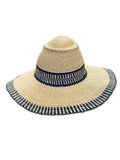 Ghanaian Straw Hats With Wide Brim Band & Leather -  Navy Blue and Tan  Size:22-25" Cap.