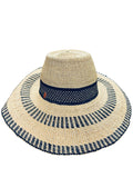 Ghanaian Straw Hats With Wide Brim Band & Leather -  Navy Blue and Tan  Size:22-25" Cap.