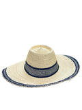 Ghanaian Straw Hats With Wide Brim Band & Leather -  Navy Blue and Tan  Size:22-25" Cap.