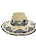 Ghanaian Straw Hats With Wide Brim Band & Leather -  Navy Blue and Tan  Size:22-25" Cap.