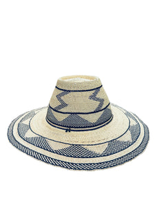 Ghanaian Straw Hats With Wide Brim Band & Leather -  Navy Blue and Tan  Size:22-25" Cap.