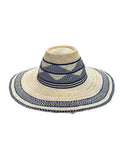 Ghanaian Straw Hats With Wide Brim Band & Leather -  Navy Blue and Tan  Size:22-25" Cap.