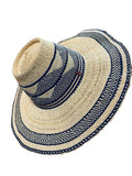 Ghanaian Straw Hats With Wide Brim Band & Leather -  Navy Blue and Tan  Size:22-25" Cap.