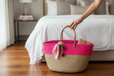 Pink  and Tan Mifuko Kiondo Kenya Bag Shopping Bag, Picnic Bag, Storage, Floor Basket, Home Decor - Small Straps