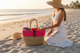 Pink  and Tan Mifuko Kiondo Kenya Bag Shopping Bag, Picnic Bag, Storage, Floor Basket, Home Decor - Small Straps