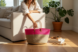 Pink  and Tan Mifuko Kiondo Kenya Bag Shopping Bag, Picnic Bag, Storage, Floor Basket, Home Decor - Small Straps