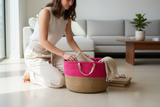 Pink and Tan Mifuko Kiondo Kenya Bag Shopping Bag, Picnic Bag, Storage, Floor Basket, Home Decor - Short Wide Straps