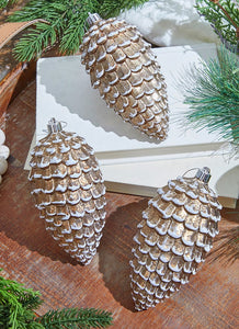 6.5" Brown/White Snowed Pine Cone Ornament Box - Set of 3