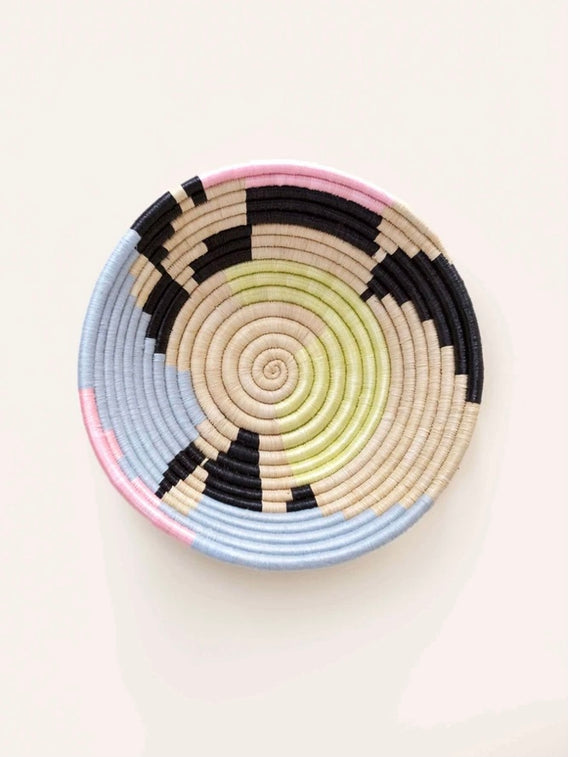 African  Rwanda Woven Basket - Abstract Form Plateau White & Blue & Lime Green