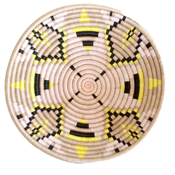 African  Rwanda Woven Basket - Abstract form Plateau Mustard and White