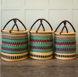 Ghana Natural With Brown and Turquoise Large Traditional Handwoven African Ghana Laundry Basket Natural Hamper basket - Turquoise