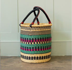 Ghana Natural With Brown and Turquoise Large Traditional Handwoven African Ghana Laundry Basket Natural Hamper basket - Turquoise