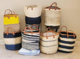 Yellow & Tan Extra Large  Mifuko Kiondo Kenya Bag, Shopping Bag, Picnic Bag, Storage, Floor Basket, Home Decor Diameter: 17" x Height: 17" With Straps: 20.5"