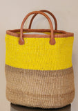 Yellow & Tan Extra Large  Mifuko Kiondo Kenya Bag, Shopping Bag, Picnic Bag, Storage, Floor Basket, Home Decor Diameter: 17" x Height: 17" With Straps: 20.5"