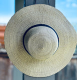 Ghanaian Straw Hats With Wide Brim Band & Leather Strap- Navy Dark Blue Stripe