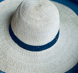Ghanaian Straw Hats With Wide Brim Band & Leather Strap- Navy Dark Blue Stripe
