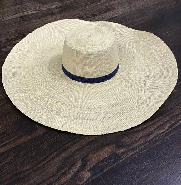 Ghanaian Straw Hats With Wide Brim Band & Leather Strap- Navy Dark