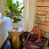 Large U-Shopper Yikene - Ghana Beach Tote Bag/Basket - Earth Tone Rim With Navy Blue Handles