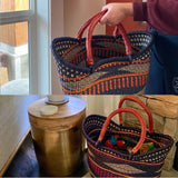 Large U-Shopper Yikene - Ghana Beach Tote Bag/Basket - Earth Tone Rim With Navy Blue Handles