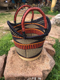 Large U-Shopper Yikene - Ghana Beach Tote Bag/Basket - Earth Tone Rim With Navy Blue Handles