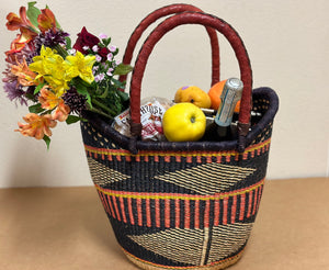 Large U-Shopper Yikene - Ghana Beach Tote Bag/Basket - Earth Tone Rim With Navy Blue Handles