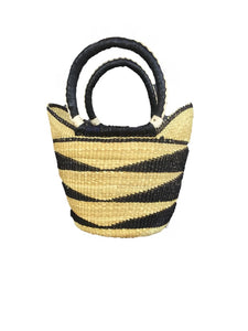Medium U-Shopper Ghana Beach Tote bag/Bolga Basket 13-14" Across - Black & Tan