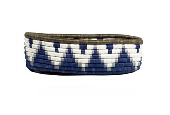African Rwanda Woven Oval Bread Basket for Storage, Organization or Serving | Great for Remote Controller Storage or Baby Diapers and Wipes or Serving Bread on The Table Silver Blue - 11