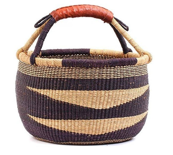 African Market Basket - Bolga Ghana Navy Blue with Brown Handles & Tan Basket - Large: W:14