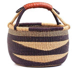 African Market Basket - Bolga Ghana Navy Blue with Brown Handles & Tan Basket - Large: W:14"-16"  x H: 10"