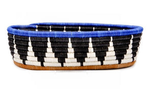 African Basket | Rwanda Woven Bread Basket Oval Basket for Storage, Organization or Serving | Great for Remote Controller Storage or Baby Diapers and Wipes or Serving Bread on The Table- 11" Long, 7" Wide, 2.5" Tall Blue