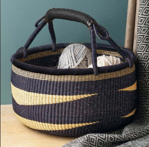 African Market Basket - Bolga Ghana Navy Blue W/ Black Handles - Large: W:14