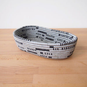 African Rwanda Woven Oval Bread Basket for Storage, Organization or Serving | Great for Remote Controller Storage or Baby Diapers and Wipes or Serving Bread on The Table - 11" long, 7" wide, 2.5" tall Grey