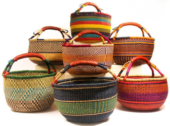 Medium Bolga Market Basket w/ Leather Wrapped Handle (Colors Vary) W: 11