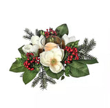 16" Beige, Red and Green Magnolia with Glass Hurricane Holder Candle Ring