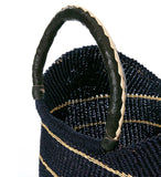 Midnight Blue U-Shopper Ghana Beach Tote Bag/Basket with Black Leather Handles